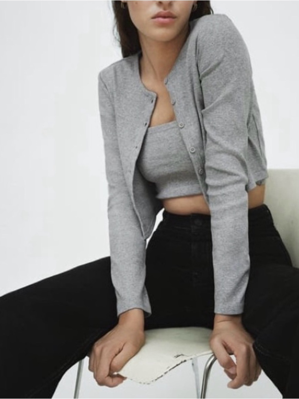 Zara Gray Ribbed Button-Front Cropped Cardigan Top Size S